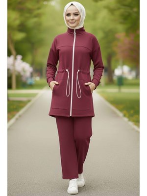 Bordo Belde Lastik Detaylı Fermuarlı Cepli Modal İkili Takım