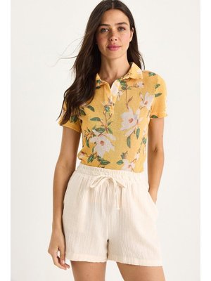 Sarı Polo Yaka Desenli Dijital Baskılı Regular Yazlık Örme Bluz