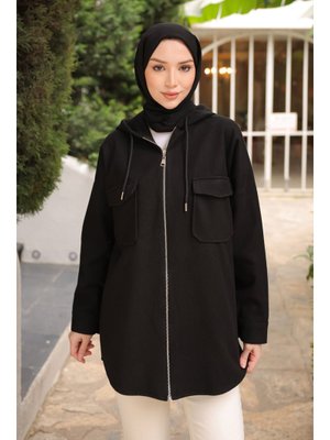 Siyah Kapüşonlu Fermuarlı Kaşe Ceket