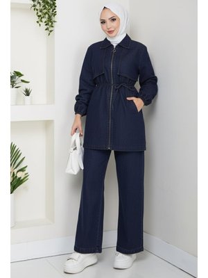 Koyu Mavi İpli Ceket Pantolon Kot İkili Takım