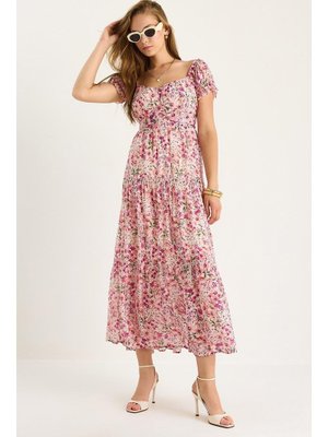 Pembe Çiçek Desenli Bel Detaylı Astarlı Viskon Elbise