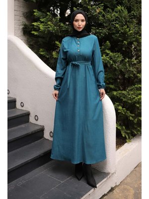 Petrol Yeşili Kuşaklı Kol Lastikli Fitilli Elbise