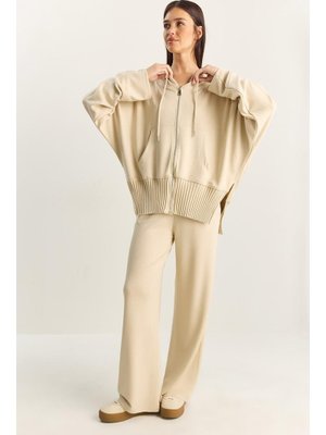 Bej Ribanalı Oversize Kapüşonlu Fermuarlı Sweat Geniş Paça Comfort Pantolon Takım
