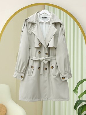 Taş Omzu Apoletli Çift Düğmeli Bolerolu Cepli Kemerli Trençkot