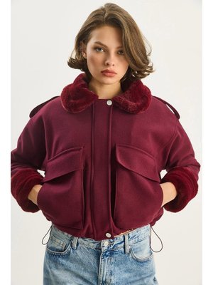 Bordo Geniş Cepli Peluş Detaylı Kaşe Mont