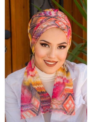 Kahve Turuncu Etnik Desenli Atkılı Bone