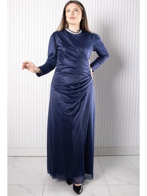 Lacivert Taş Baskılı Simli Tül Abiye Elbise