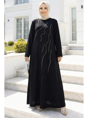 Taş İşlemeli Rahat Kalıp Siyah Elbise