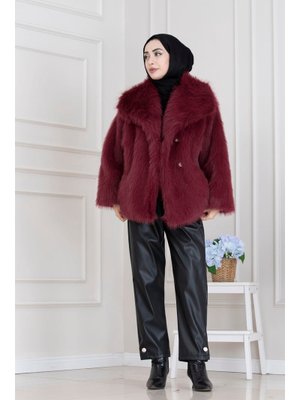 Bordo Şal Yaka Cırt Cırtlı Suni Kürk