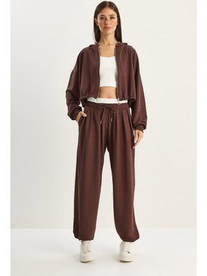 Kahverengi Kapüşonlu Hırka Crop Atlet Yüksek Bel Pantolon Relaxed Modal 3'lü Takım