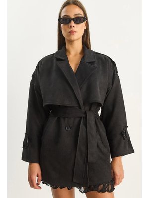 Siyah Kruaze Yaka Aller Detaylı Apoletli Kuşaklı Cepli Süet Trençkot