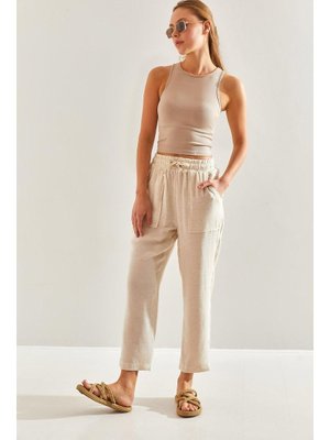 Bej Beli Lastikli Keten Pantolon