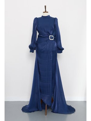 Lacivert Önü Taş Detaylı Abiye Elbise