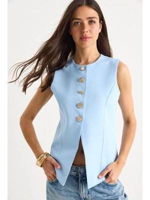 Bebe Mavisi Regular Bisilet Yaka Gold Düğme Detaylı Astarlı Dokuma Yelek