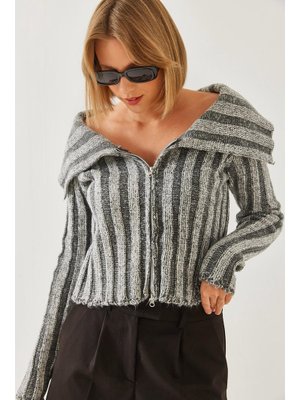 Antrasit Kalın Fitilli Fermuarlı Triko Hırka