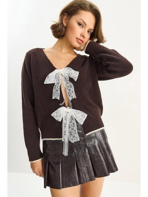 Acı Kahve V Yaka Fiyonk Aksesuar Kapamalı Triko Hırka