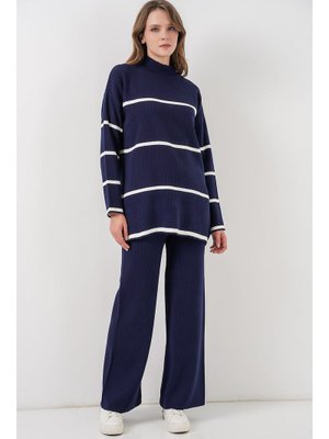 Lacivert Çizgili Oversize Triko İkili Takım