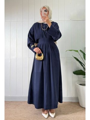 Lacivert Bel Pile Detaylı Elbise