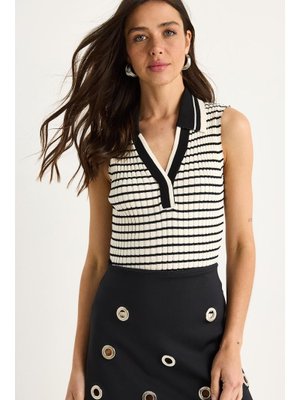 Ekru Siyah Polo Yaka Çizgili Fitilli Kalın Askılı Yazlık Triko Bluz