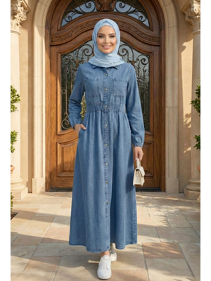 Belden Lastikli Cep Detaylı Koyu Denim Kot Mavi Elbise