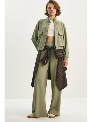 Mint Yeşili Çift Cep Detaylı Fermuarlı Lastik Bel Ceketli Bol Pantolonlu Modal Takım