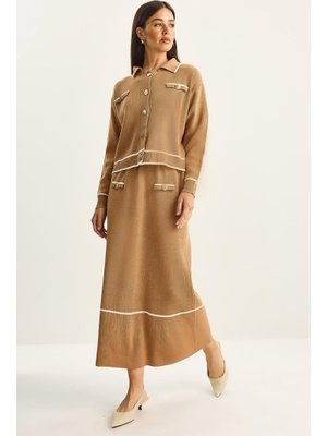 Camel Gold Düğme Detaylı Uzun Etekli Triko Alt Üst Takım