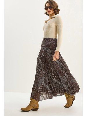 Kahve Drape Bel Detaylı Astarlı Şal Desen Bohem Uzun Etek