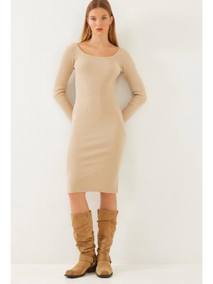 Bej Kare Yaka Uzun Kollu Basic Fitilli Elbise