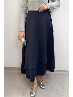 Lacivert Belden Bağcıklı Scuba Etek