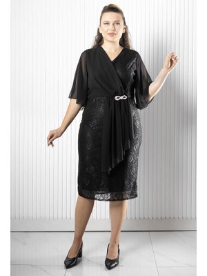 Siyah Şifon Detaylı Abiye Elbise