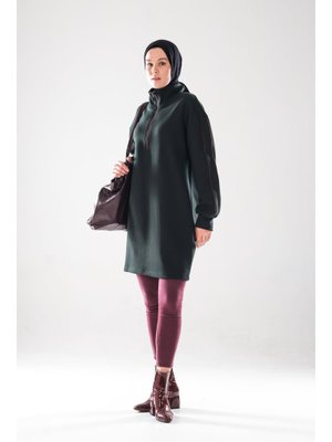 2297_ Fermuarlı Dik Yaka Ara Biye Detaylı Tunik – Pamuklu Pike Kumaş, Şık Spor Elbise