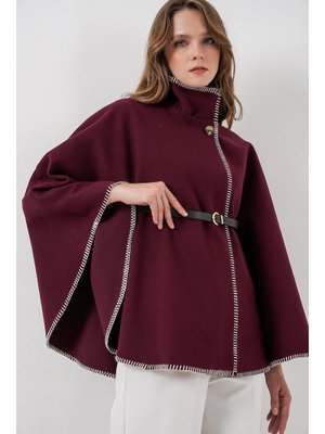 Bordo Dikiş Detaylı Kaşe Panço