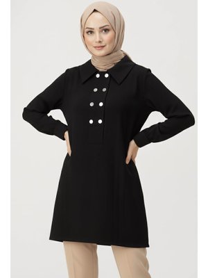 Sıyah Siyah Düğme Detaylı Modal Tunik