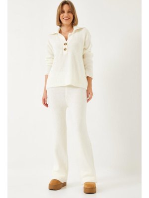 Bej Gömlek Yaka Kalın Triko Alt Üst Takım