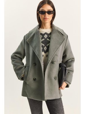 Koyu Gri Kruvaze Yaka Astarlı Kısa Oversize Kaşe Kaban