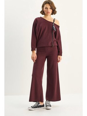 Bordo Şal Aksesuarlı Tek Omuz Üst Bol Pantolonlu Selanik Takım