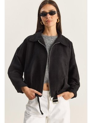 Siyah Oversize Tokalı Astarlı Süet Bomber Ceket