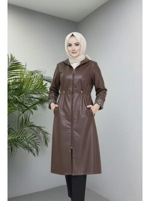 Fermuarlı Kapüşonlu İçi Şardonlu Deri Kahverengi Kap