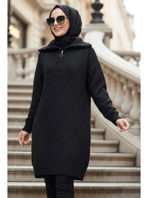 Baklava Detaylı Siyah Triko Kazak Tunik 83961s