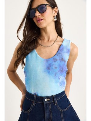 Gök Mavisi Desenli Kalın Askılı Dijital Baskılı Regular Yazlık Örme Bluz