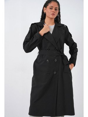 Siyah Kruvaze Yaka Trençkot