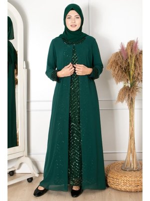 Pelerinli Payet Detaylı Abiye Zümrüt