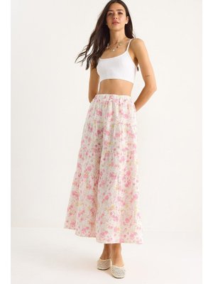 Pembe Çiçek Desenli Volanlı Astarlı Müslin Bol Rahat Etek Beyaz