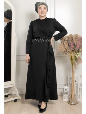 Siyah Fırfırlı Taş İşleme Detaylı Elbise