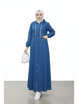 Kapüşonlu, Fermuarlı Ve Cepli Koyu Kot Mavi Kap