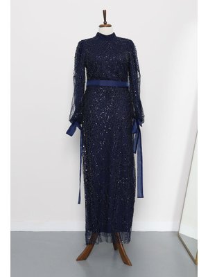 Lacivert Boncuklu Payetli Kemerli Abiye Elbise
