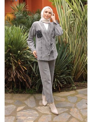 Füme Taş İşlemeli Ceket Pantolonlu Kot Takım