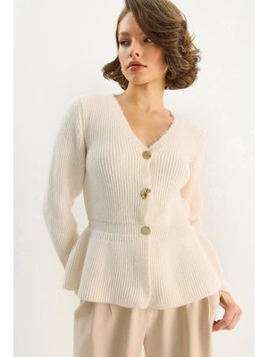 Krem Düğmeli Belden Oturtmalı Pileli Hırka