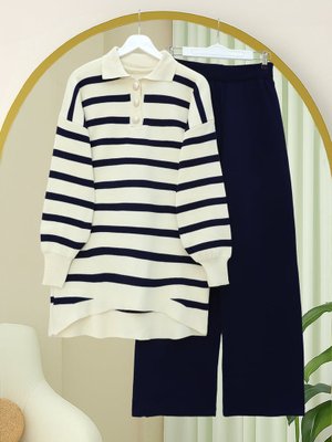 Laci Polo Yaka Düğmeli Çizgili Triko Takım