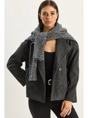 Antrasit Geniş Yaka Cep Detaylı Astarlı Düğmeli Kısa Kaşe Kaban